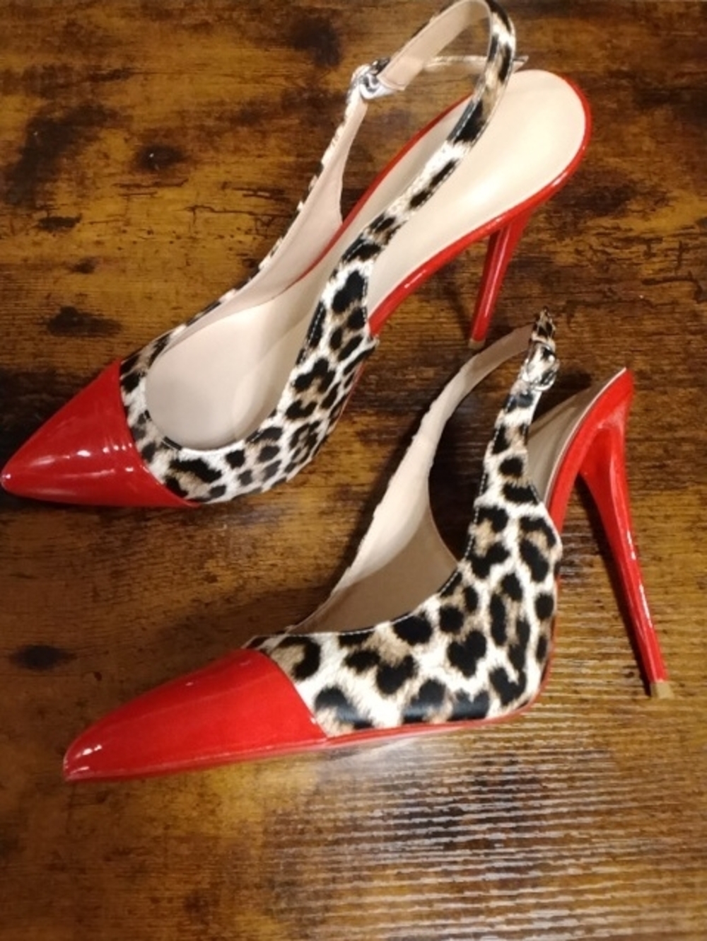Red Leopard Print Pointed Toe Slingback Heels - Women